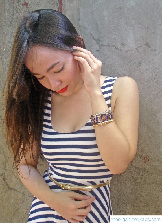 Primary hues and metallics make a comeback. Dress and belt from Ever New; Thin silver and thin gold bracelet from Forever 21; Thick printed bracelet a hand-me-down.