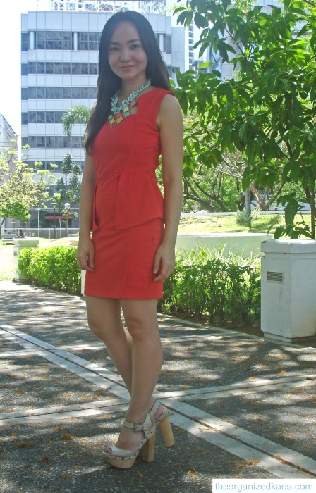 Chain necklace from Forever21; Color block necklace and Tangerine dress from Bangkok; Wedges from CMG.