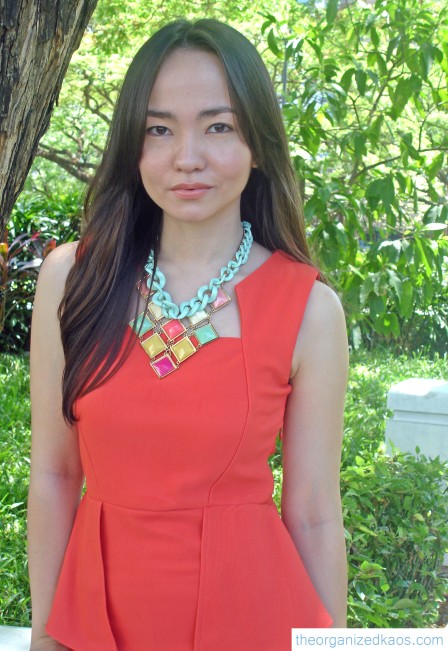 Chain necklace from Forever21; Color block necklace and Tangerine dress from Bangkok.