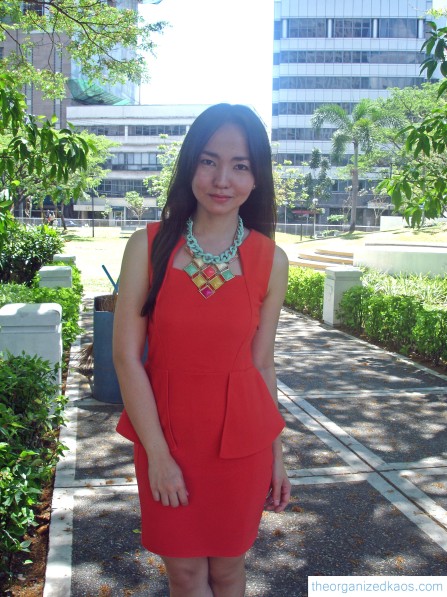 Chain necklace from Forever21; Color block necklace and Tangerine dress from Bangkok.